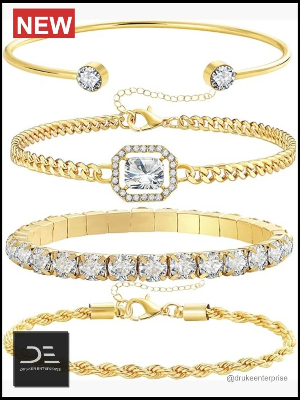 14K Plated Link Charm Bracelet Set with Cubic Zirconia, Adjustable Layering,